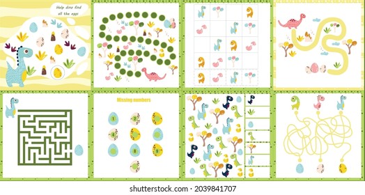 Pequeñas colecciones de juegos con dino para el desarrollo. Espio. Maze. Ilustración vectorial colorida en estilo plano. Dinosaurio