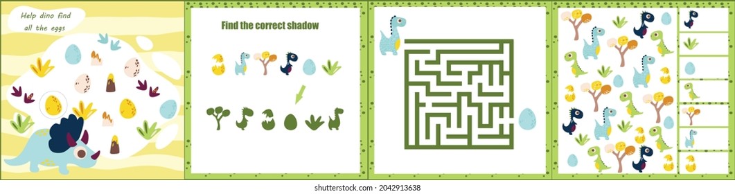 Mini games collections with dino for development. I spy. Maze. Colorful vector illustration in flat style. Dinosaur