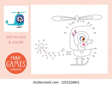 Mini games collections. Dot to dot and color the picture. A racсoon is going by helicopter.