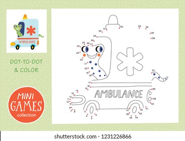 Mini games collections. Dot to dot and color the picture. A snake is going by ambulance.