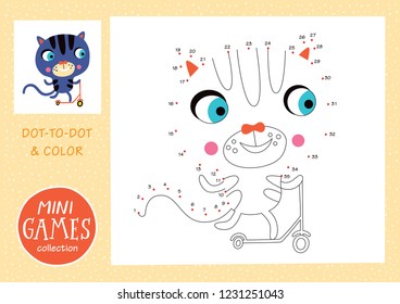 Colecciones de minijuegos. Punto a punto y color de la imagen. Un gato va en scooter.