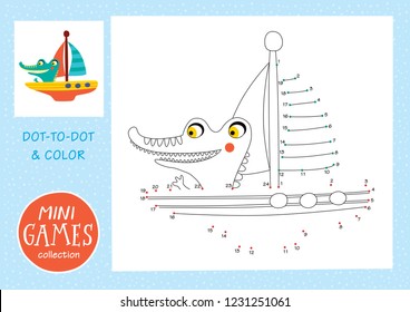 Mini games collections. Dot to dot and color the picture. A crocodile is yachting.