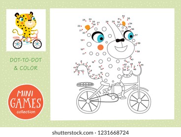  Mini-Spiele-Kollektionen. Dot to dot und färbt das Bild. Ein Leopard fährt mit dem Fahrrad.