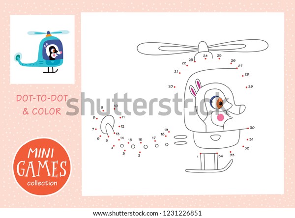 Mini games collections. Dot to dot\
and color the picture. A racсoon is going by\
helicopter.