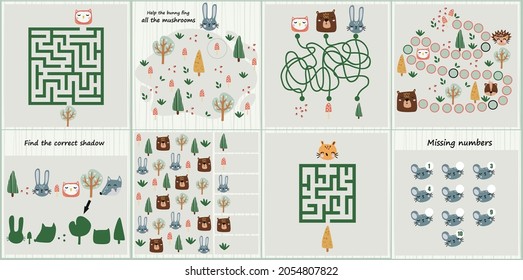 Mini games collections with forest animals  for development. I spy. Maze. Colorful vector illustration in flat style. 