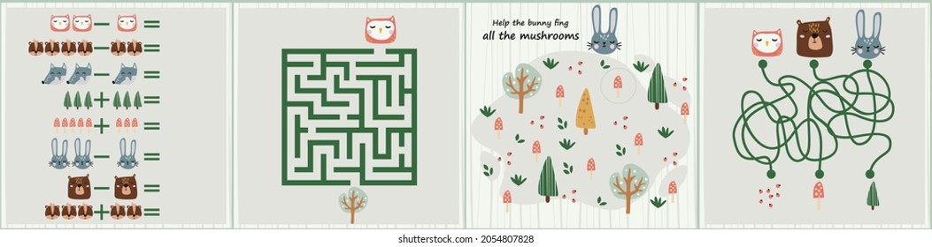 Mini games collections with forest animals  for development. I spy. Maze. Colorful vector illustration in flat style. 