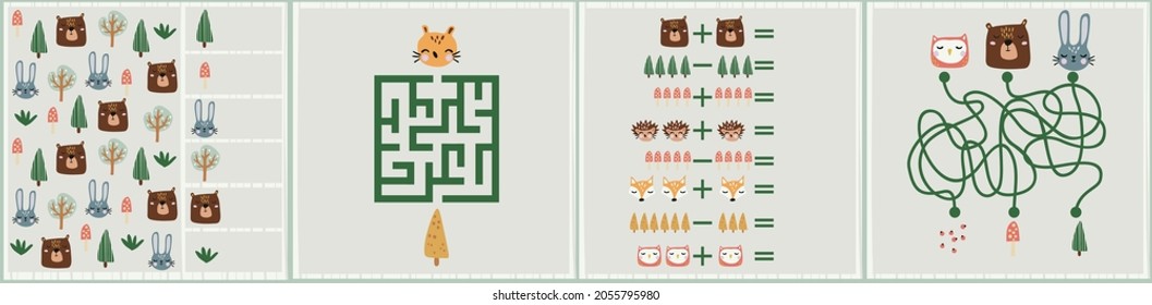 Pequeños juegos de colecciones con animales forestales para el desarrollo. Espio. Maze. Ilustración vectorial colorida en estilo plano. 