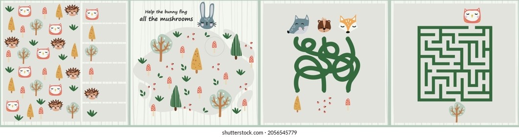 Mini games collections with forest animals  for development. I spy. Maze. Colorful vector illustration in flat style. 