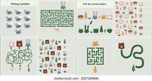 Mini games collections with forest animals  for development. I spy. Maze. Colorful vector illustration in flat style. 