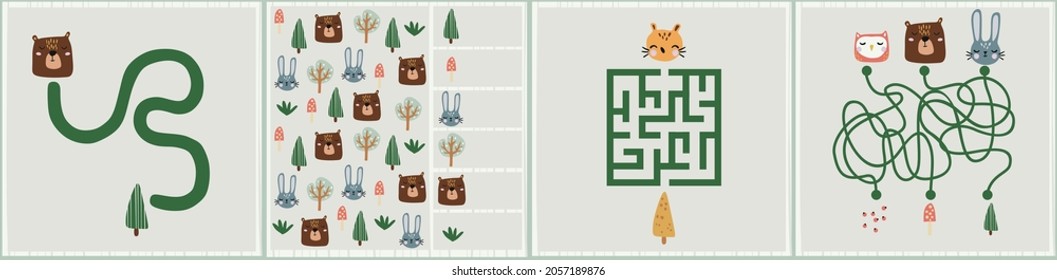 Mini games collections with forest animals  for development. I spy. Maze. Colorful vector illustration in flat style. 
