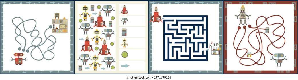 Mini games collections with robots for development. I spy. Maze. Colorful vector illustration in flat style.