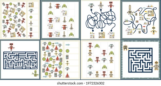 Mini games collections with robots for development. I spy. Maze. Sudoku. Colorful vector illustration in flat style.