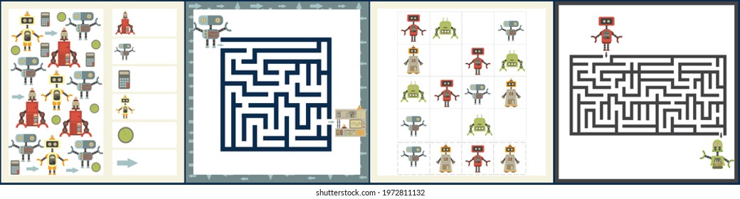 Mini games collections with robots for development. I spy. Maze. Sudoku. Colorful vector illustration in flat style.