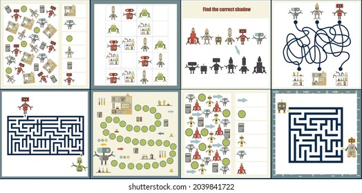 Mini-Spiele Kollektionen mit Robotern für die Entwicklung. Ich spioniere. Maze. Sudoku. Farbige Vektorgrafik im flachen Stil.