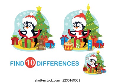 Mini games. Find differences. Penguin opens a gift box on Christmas Eve