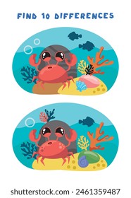 Mini games for kids. preschoolers. Find 10 differences. Picture with a sea crab. Logic tasks for preschoolers. Games 3-4 years old.