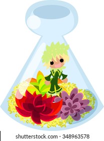Mini garden and cute little people in the mini bottle.