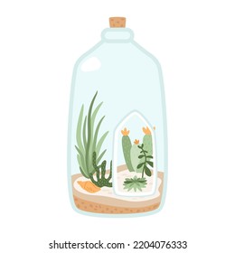 Mini jardín en botella de vidrio con corcho. Terrario floral con cactus, hojas suculentas, tropicales, conchas marinas sobre fondo arenoso. Florario artesanal en miniatura. Ilustración vectorial.