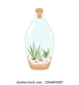 Mini jardín en botella de vidrio con corcho. Florario artesanal en miniatura. Terrario floral con cactus, hojas suculentas y tropicales sobre fondo arenoso. Ilustración aislada del vector.