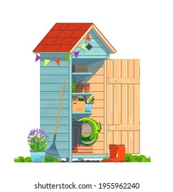 Mini garden shed with household tools isolated on white background. Irrigation hose, watering can, fan rake, pots and flovers for gardening and landscaping. Vector llustration svg