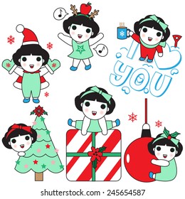 Mini Girls Merry Christmas illustration set