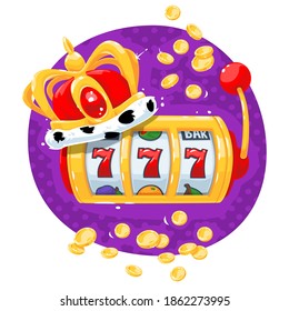 Mini golden slot machine with lucky sevens, king crown and coins.