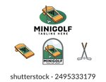 mini golf with board, stick, ball colorful badge logo design set for golfer, sport and tournament.  golf club illustration vintage logo element template for golf professional team 