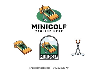 mini golf with board, stick, ball colorful badge logo design set for golfer, sport and tournament.  golf club illustration vintage logo element template for golf professional team 