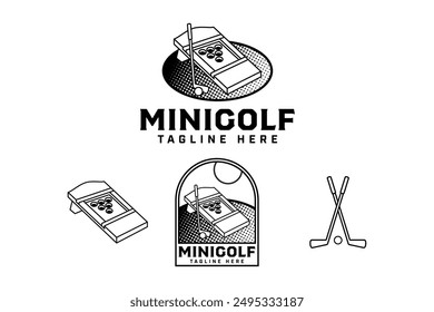 mini golf with board, stick, ball outline badge logo design set for golfer, golf sport and tournament.  golf club illustration vintage logo element template for golf professional team 