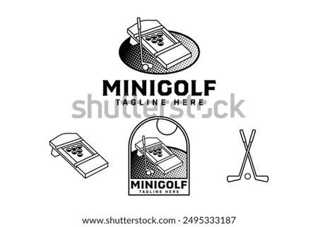 mini golf with board, stick, ball outline badge logo design set for golfer, golf sport and tournament.  golf club illustration vintage logo element template for golf professional team 