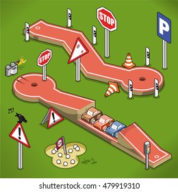 Mini golf courses with traffic signs and car stunt jump on a lawn (isometric illustration)