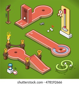 Mini golf courses with wall, water handicap and goblets on a lawn (isometric view)