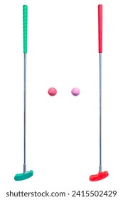 Mini golf equipment, golf club and ball on isolated background