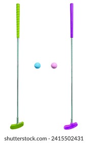 Mini golf equipment, golf club and ball on isolated background