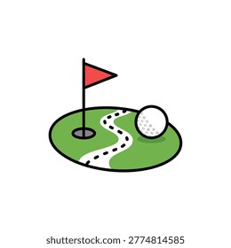 Mini golf game with golf ball near flag on green putting mat Vector