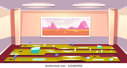 Mini golf indoor club cartoon vector. Various putting lines with obstacles and hole in spacious room illustration. Active sport games, entertainment with golf play practicing at home or office concept