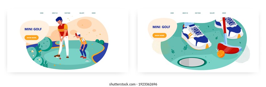 Diseño de la página de aterrizaje de minigolf, conjunto de plantillas vectoriales de banner del sitio web. Padre enseñando a su hijo a jugar al golf. El ocio familiar.