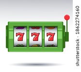 Mini green slot machine with lucky sevens jackpot on white background