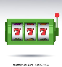 Mini green slot machine with lucky sevens jackpot on white background