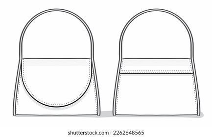 mini Handbag technical fashion illustration. handbag Flat apparel template. front and back view. white colour. CAD mock-up.