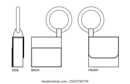 Mini handbag technical fashion illustration. Mini Bag fashion flat technical drawing template. 3 4 view. collection. unisex. white colour. CAD mockup set.