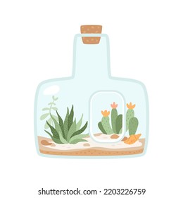 Pequeño florario artesanal con cactus, suculentas plantas tropicales sobre fondo arenoso adornado con piedras y conchas marinas. Jardín en miniatura en botella de vidrio con corcho. Terrario floral. Ilustración vectorial.