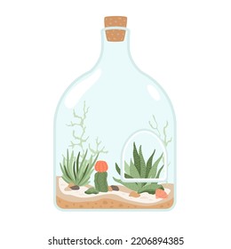 Mini handicraft florarium. Miniature garden in glass bottle with cork. Floral terrarium with cactus, succulent, tropical leaves, plants on sandy background. Vector illustration.