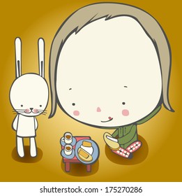 Mini hare and the girl in a green jacket prepared sandwiches for breakfast.