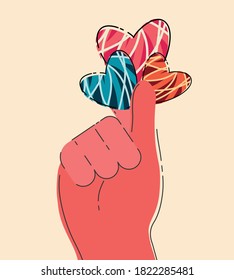 Mini heart hand gesture vector retro style color. Hand holding tree tiny heart in a candy-like color pattern. 