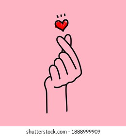 Mini Heart, Korean Love Hand Finger Symbol On Pink Background Vector Illustration