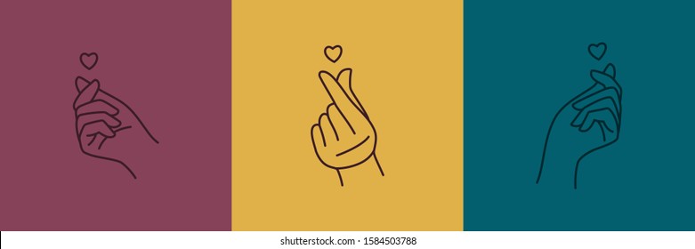 Mini heart Korean love symbol icon set. Vector Illustration of a woman's hand with a heart in a minimalist linear trend style. Concept for logo, printing on t-shirt, poster, Valentine's day card