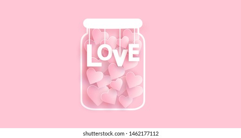 mini hearts and love in bottle . for valentine's day card , background and wedding card  . paper cut and craft style . 