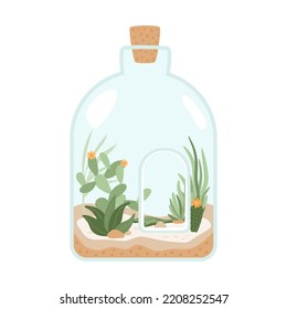 Mini jardín de casa en botella con cactus, suculentos, hojas tropicales. Terrario floral con arena y plantas desérticas. Florario en jarrón de vidrio. Ilustración aislada del vector. La decoración japonesa.