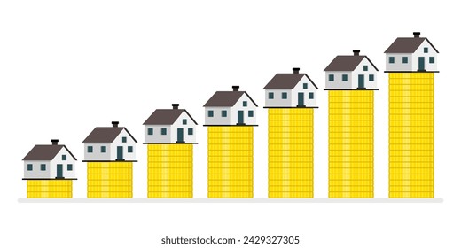 Mini houses and gold coins. Concept of real estate investment, income, taxes and passive income